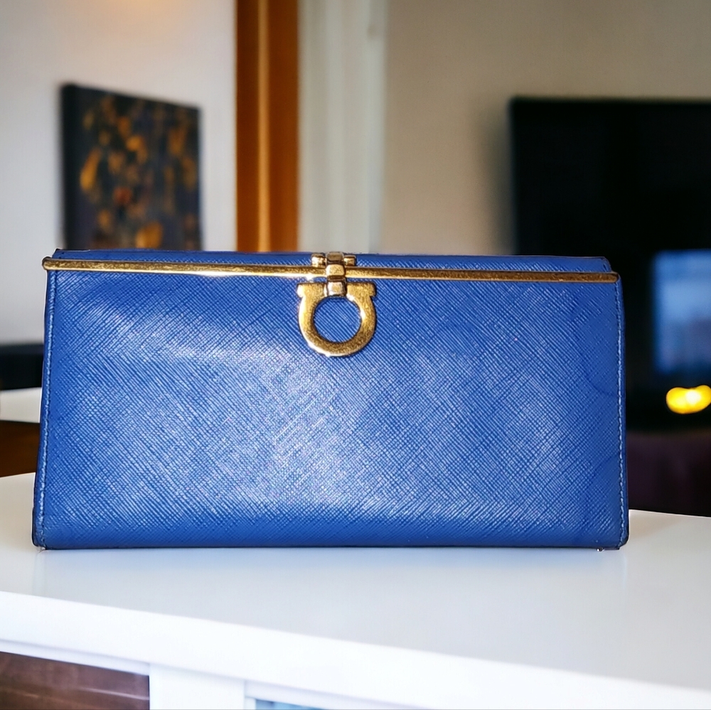 Vintage Blue Salvatore Ferragamo Long Wallet with Buckle